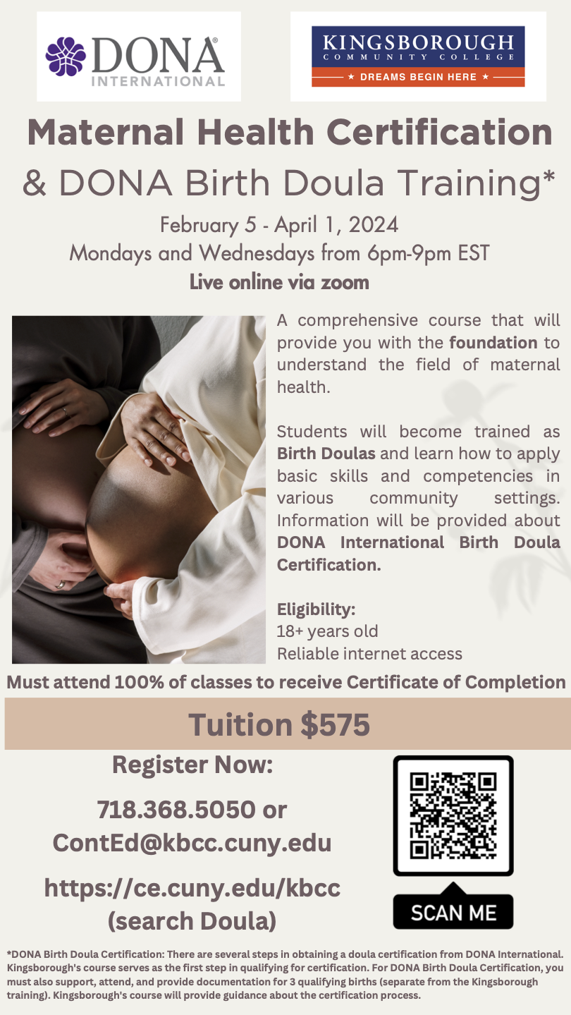 Maternal Health Certification & DONA Birth Doula Training flyer