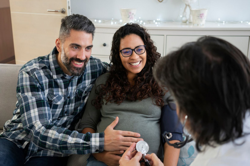 Husband and pregnant wife meet with birth professional